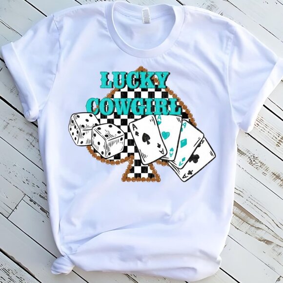 Lucky Cowgirl Western Tee Graphic Short Sleeve T-Shirt - Picture 1 of 2